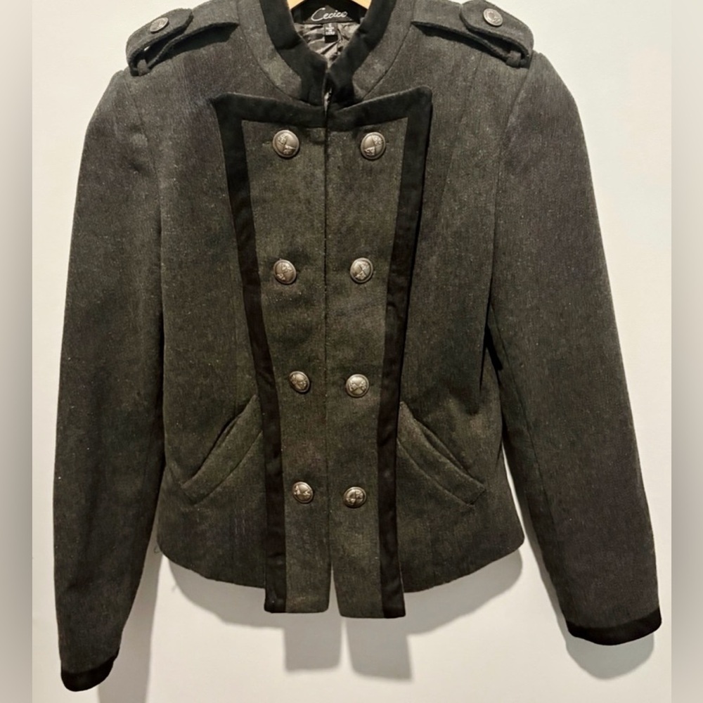 Cecico Luxury Charcoal Gray and Black Military style Wool Coat. Silver Buttons